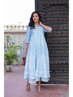 Juniper - Sky Blue Chanderi Geometric Printed Mirror Embroidered Maxi Dress