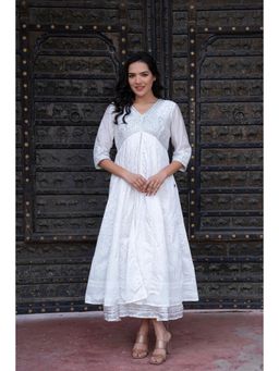 Juniper - White Chanderi Geometric Printed Dress with Mirror Embroidery Maxi Dress