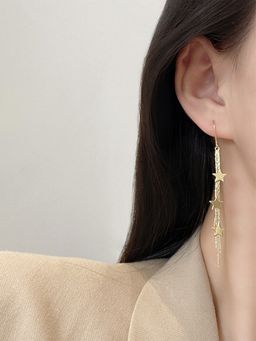 Yellow Chimes - Gold Tone Star Hanging Chain Dangler Earrings