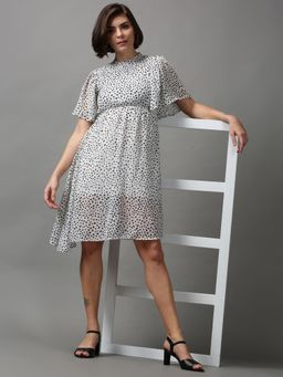 SHOWOFF - Womens Round Neck Polka Dots Off White Midi Dress