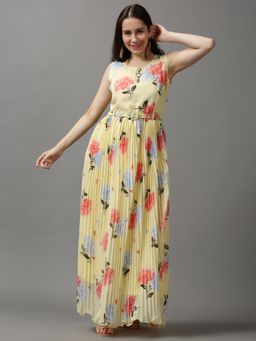 SHOWOFF - Women's Round Neck Embellished Yellow Maxi Dress (Set of 2)