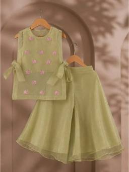 CASA NINOS - Blush Pink Organza Heart Embroidered Peplum Kurti With Palazzo