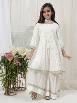 Little Bansi - Girls Butterfly Zari Kurta Sharara - White