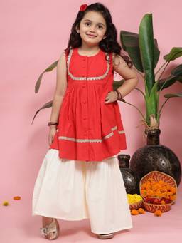 Little Bansi - Girls Heart Jacquard Kurta Sharara - Red
