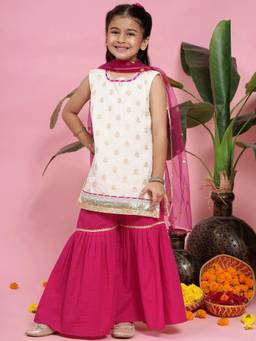 Little Bansi - Girls Floral Zari Kurta Sharara - Cream