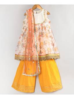 Little Bansi - Girls Floral Georgette Kurta Sharara - Beige