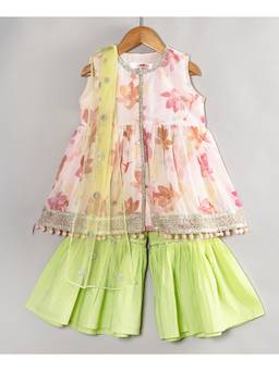 Little Bansi - Girls Floral Georgette Kurta Sharara - Baby Pink