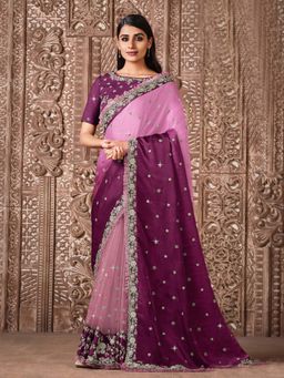 Odette - Purple Tusser Silk & Net Saree with Unstitched Blouse