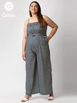 Twenty Dresses by Nykaa Fashion - Curve Blue Printed Square Neck Jumpsuit