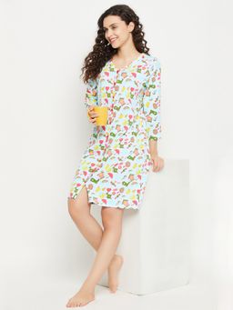 Clovia - Print Me Pretty Button Me Up Short Night Dress With Pocket Blue