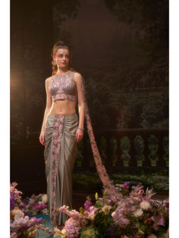 Muskan Aggarwal - Women Satin Green Crop Top with Skirt