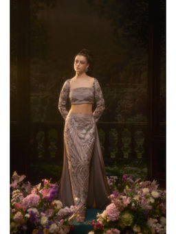 Muskan Aggarwal - Women Satin Taupe Crop Top with Skirt and Trail