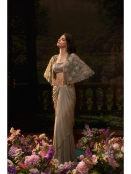 Muskan Aggarwal - Women Georgette Green Stitched Blouse with Cape and Skirt