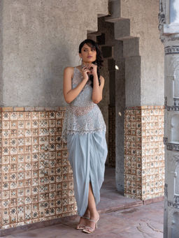 MABISH LUXE - Women Polyester Blue Top with Skirt