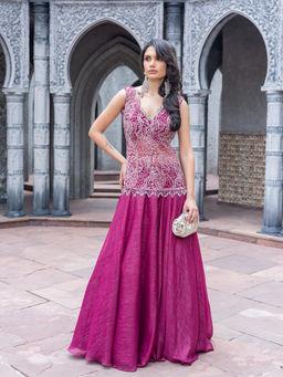 MABISH LUXE - Women Polyester Magenta Top with Lehenga