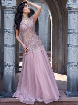 MABISH LUXE - Women Polyester Pink Top with Lehenga