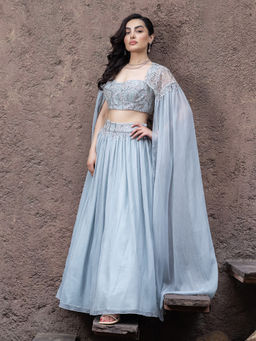 MABISH LUXE - Women Polyester Blue Crop Top with Lehenga and Cape