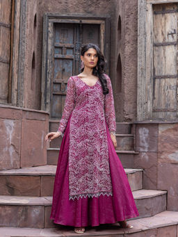 MABISH LUXE - Women Polyester Magenta Kurta with Lehenga