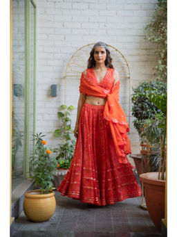 Naav - Women Silk Orange Lehenga with Stitched Blouse and Dupatta
