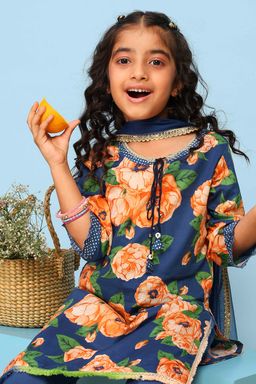 Biba - Blue Floral Cotton Kurta with Pant and Dupatta