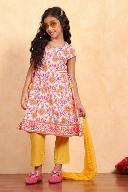 Biba - Red Floral Cotton Kurta with Pant and Dupatta