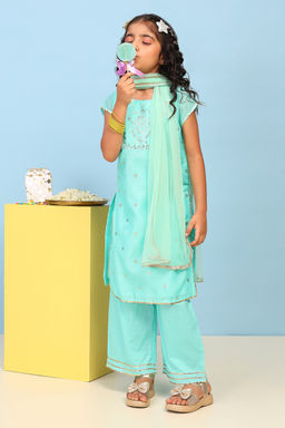 Biba - Blue Embellished Polyester Kurta with Palazzo and Dupatta