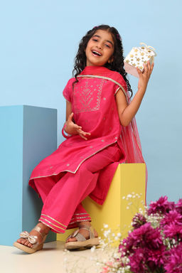 Biba - Magenta Embellished Polyester Kurta with Palazzo and Dupatta