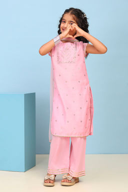 Biba - Pink Embellished Polyester Kurta with Palazzo and Dupatta