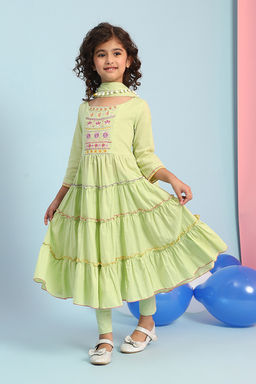 Biba - Green Embroidered Cotton Kurta with Leggings and Dupatta
