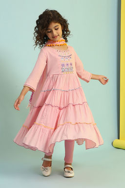 Biba - Pink Embroidered Cotton Kurta with Leggings and Dupatta
