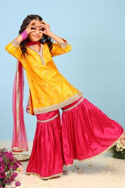Biba - Yellow Woven Polyester Kurta with Sharara and Dupatta