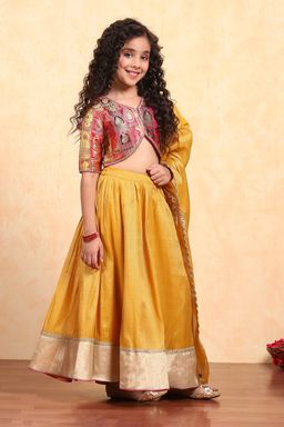 Biba - Yellow Woven Polyester Blouse with Lehenga and Dupatta