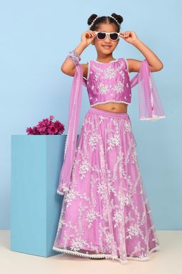 Biba - Purple Floral Chanderi Silk Blouse with Lehenga and Dupatta
