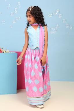 Biba - Blue Printed Cotton Blouse with Lehenga and Dupatta