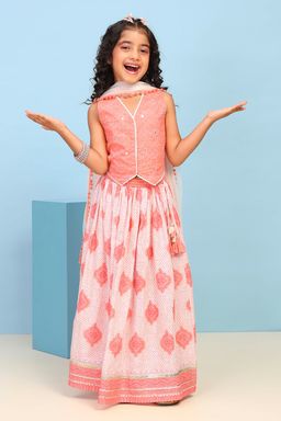 Biba - Peach Printed Cotton Blouse with Lehenga and Dupatta