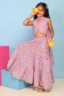 Biba - Purple Floral Cotton Blouse with Lehenga and Dupatta