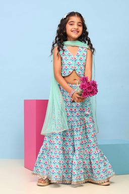 Biba - Green Floral Cotton Blouse with Lehenga and Dupatta
