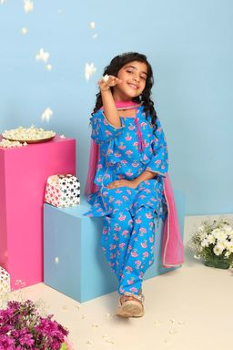Biba - Blue Floral Cotton Kurta with Salwar and Dupatta