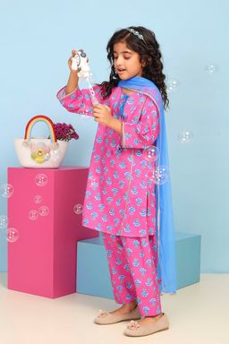 Biba - Pink Floral Cotton Kurta with Salwar and Dupatta