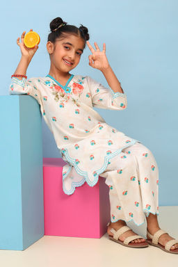 Biba - White Floral Cotton Satin Kurta and Pant