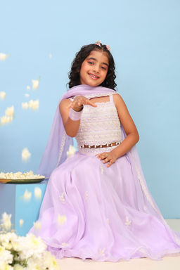 Biba - Purple Embroidered Viscose Rayon Blouse with Lehenga and Dupatta