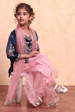 Biba - Blue Floral Viscose Blend Kurta with Sharara and Dupatta