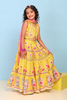 Biba - Yellow Floral Cotton Blouse with Lehenga and Dupatta