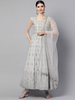 Readiprint - Semi-Stitched Anarkali Style Georgette Fabric Grey Kurta with Bottom & Dupatta (Set of 3)