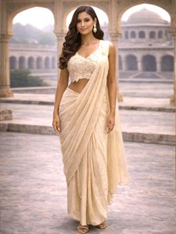 MABISH LUXE - White Pearl Glass Pre-Draped Saree with Stitched Blouse