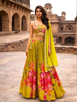 MABISH LUXE - Green Embroidered Printed Lehenga With Bouse And Dupatta