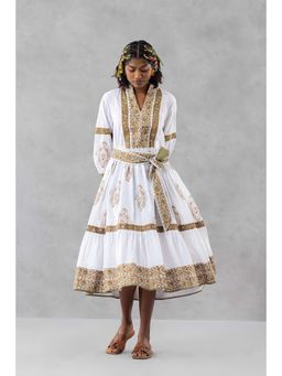 Finethreads by Hina & Nikhat - Beige Surkh Baag Dress With Belt