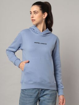 Griffel - Women Sky Blue Basic Solid Cotton Fleece Regular Fit Hoody Sweatshirt