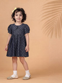 Cookie Pookie - Blue Polka Dots Puff Sleeves Regular Dress