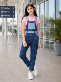 KiddoPanti - Girls Denim Woven Solid Dungaree Pant